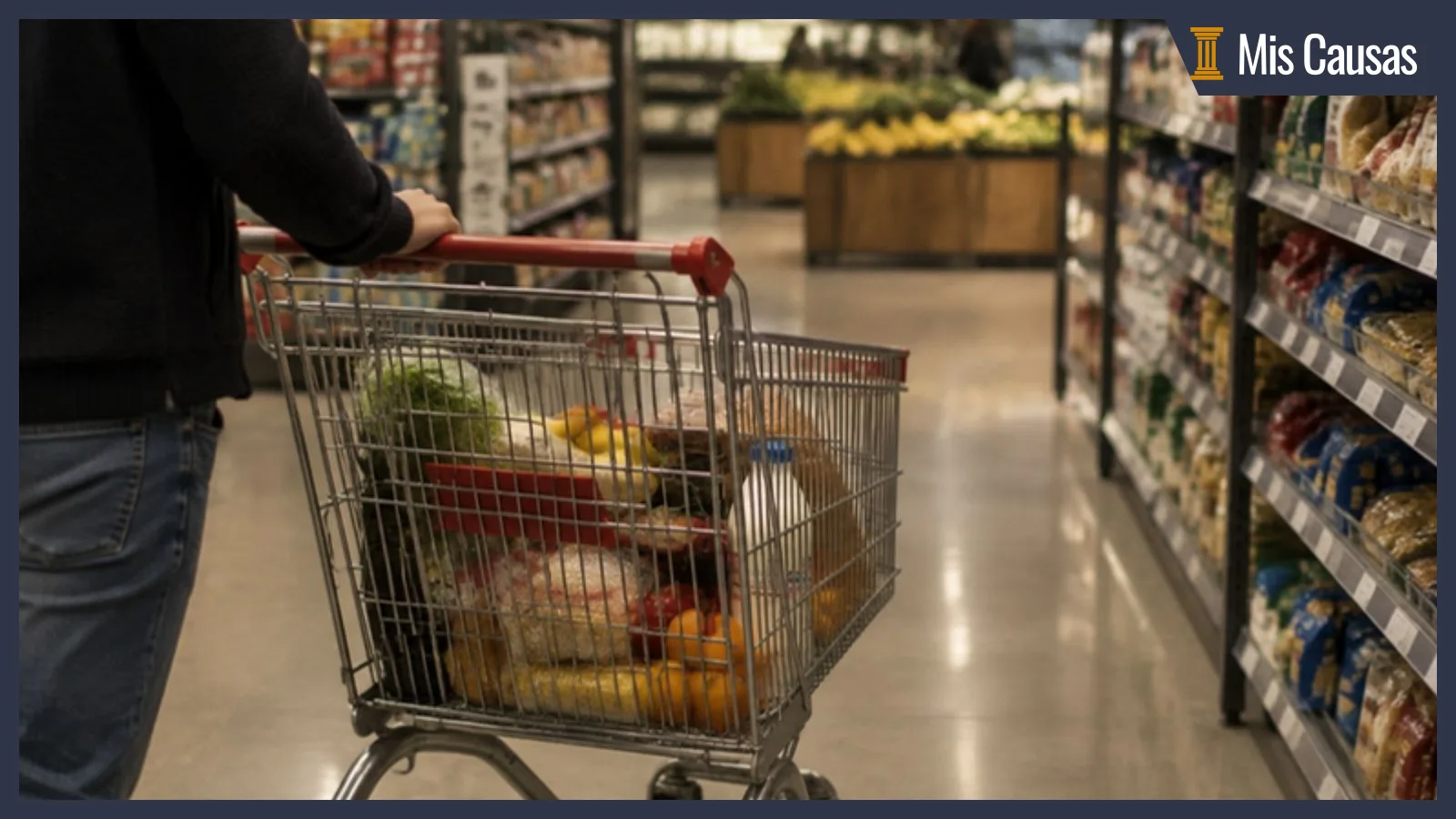 Carro de supermercado a medio llenar en un pasillo, con una mano apoyada en el manillar y las góndolas al fondo
