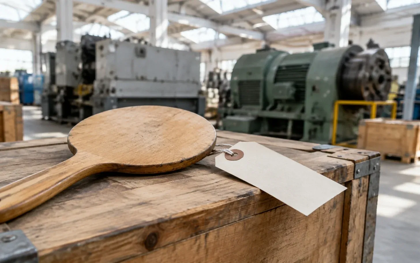 Paleta de remate y etiqueta de lote sobre un cajón de madera, con maquinaria industrial al fondo