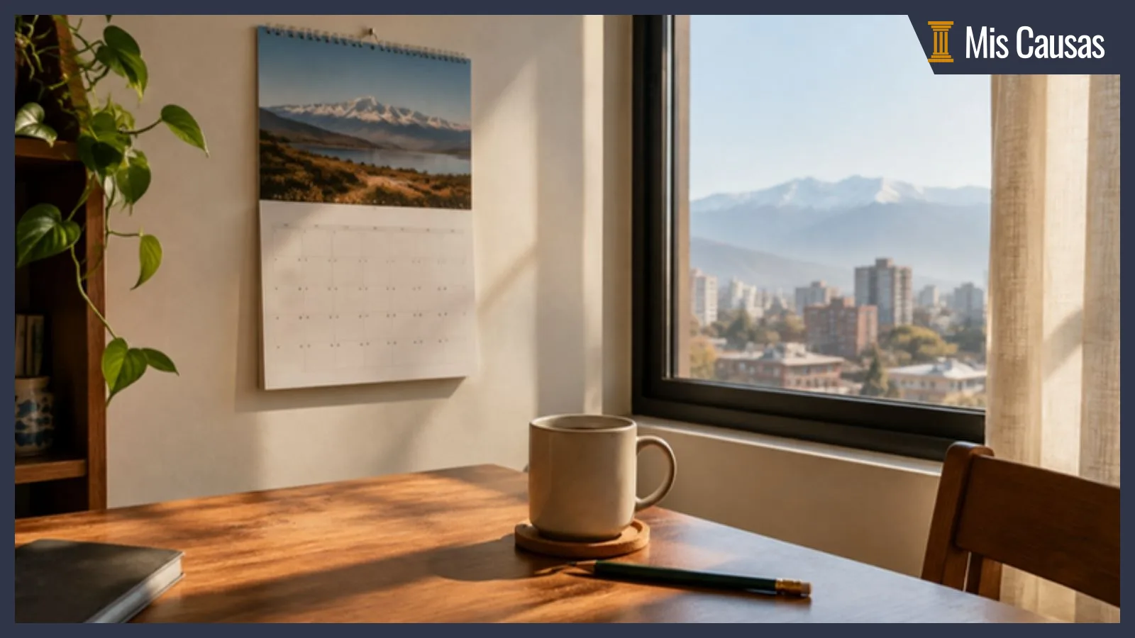 Calendario de pared junto a una ventana con luz de mañana, con la ciudad de fondo y una taza sobre la mesa de un departamento
