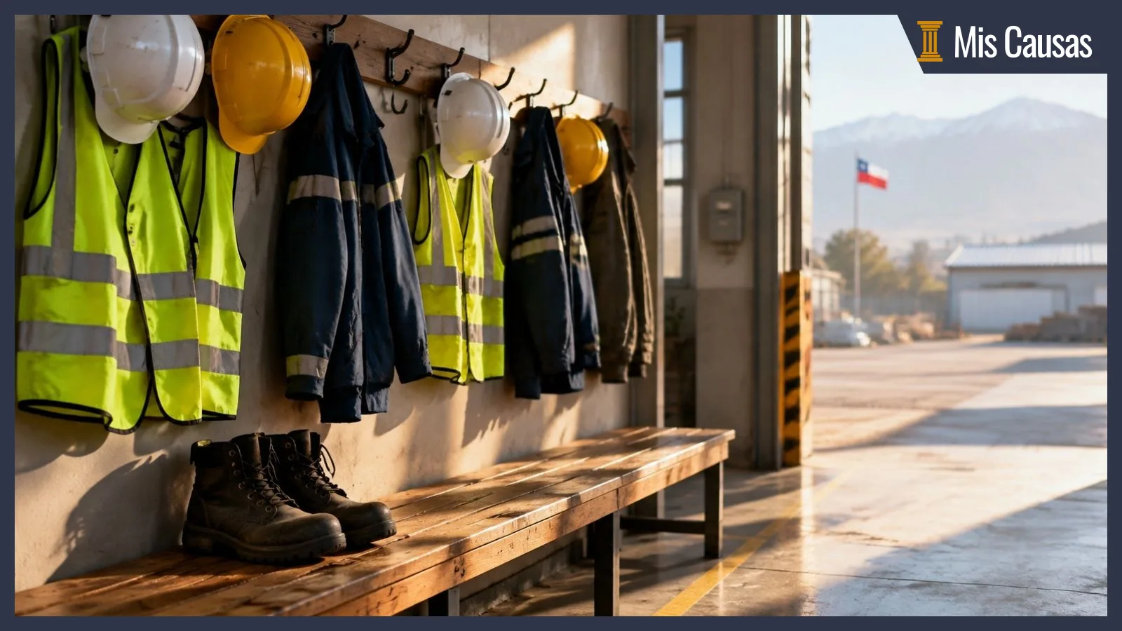 Cascos, chalecos reflectantes y ropa de trabajo colgados a la entrada de una fábrica en Chile