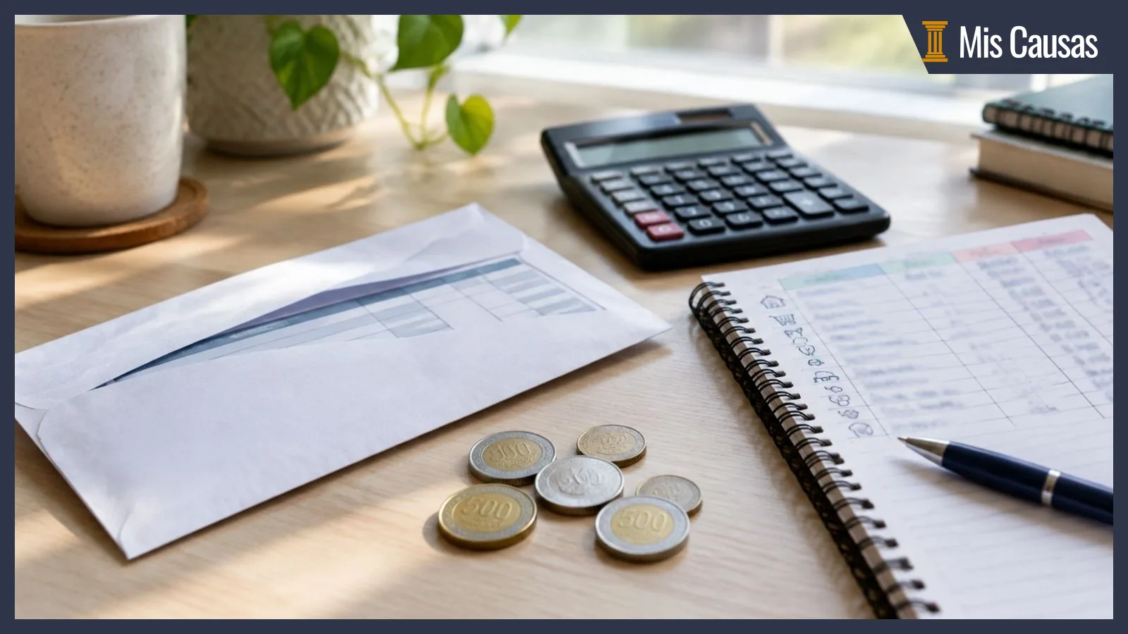 Sobre de la liquidación de sueldo, monedas, una calculadora y un cuaderno de presupuesto sobre un escritorio