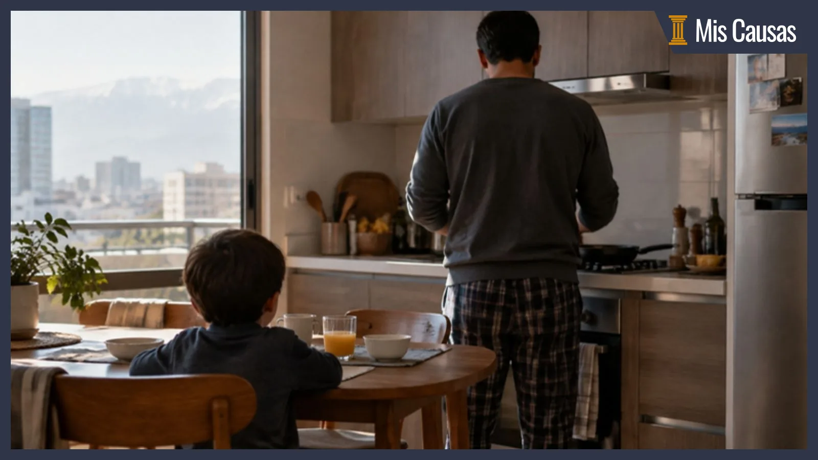 Familia joven de espaldas en la cocina de un departamento por la mañana: un adulto prepara el desayuno y un niño espera sentado a la mesa