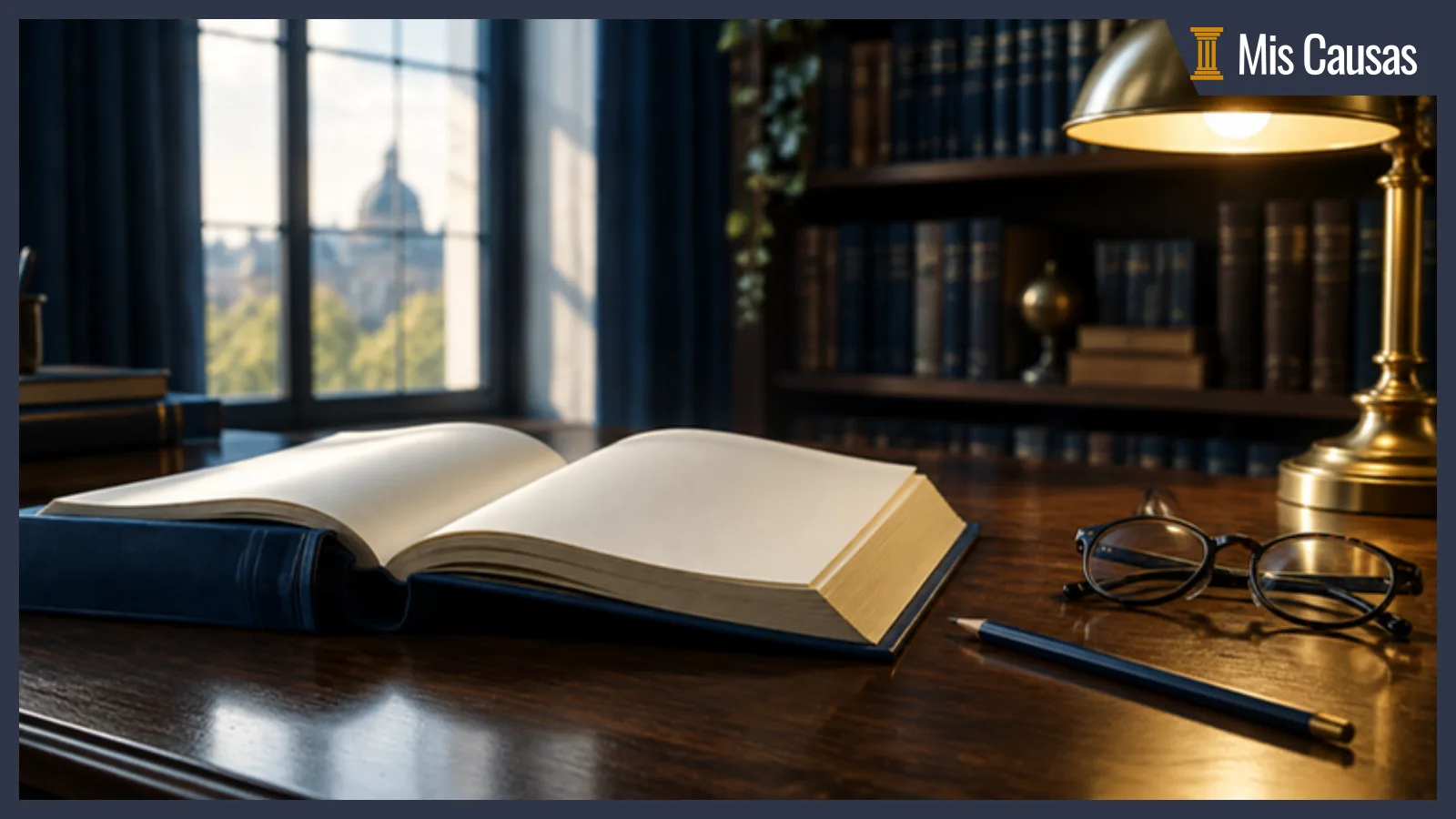 Libro de tapas azules abierto sobre un escritorio de madera oscura, junto a unos anteojos, un lápiz y una lámpara de bronce encendida, con una biblioteca al fondo