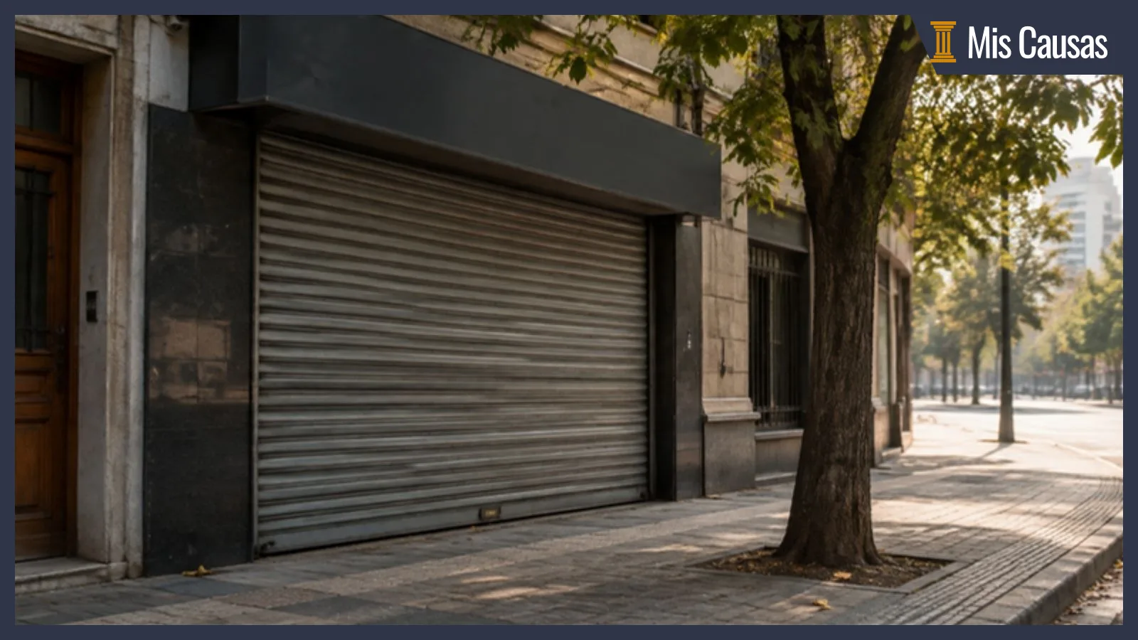Cortina metálica baja de un pequeño local comercial en una calle de Santiago por la mañana, con la vereda vacía y un árbol al costado