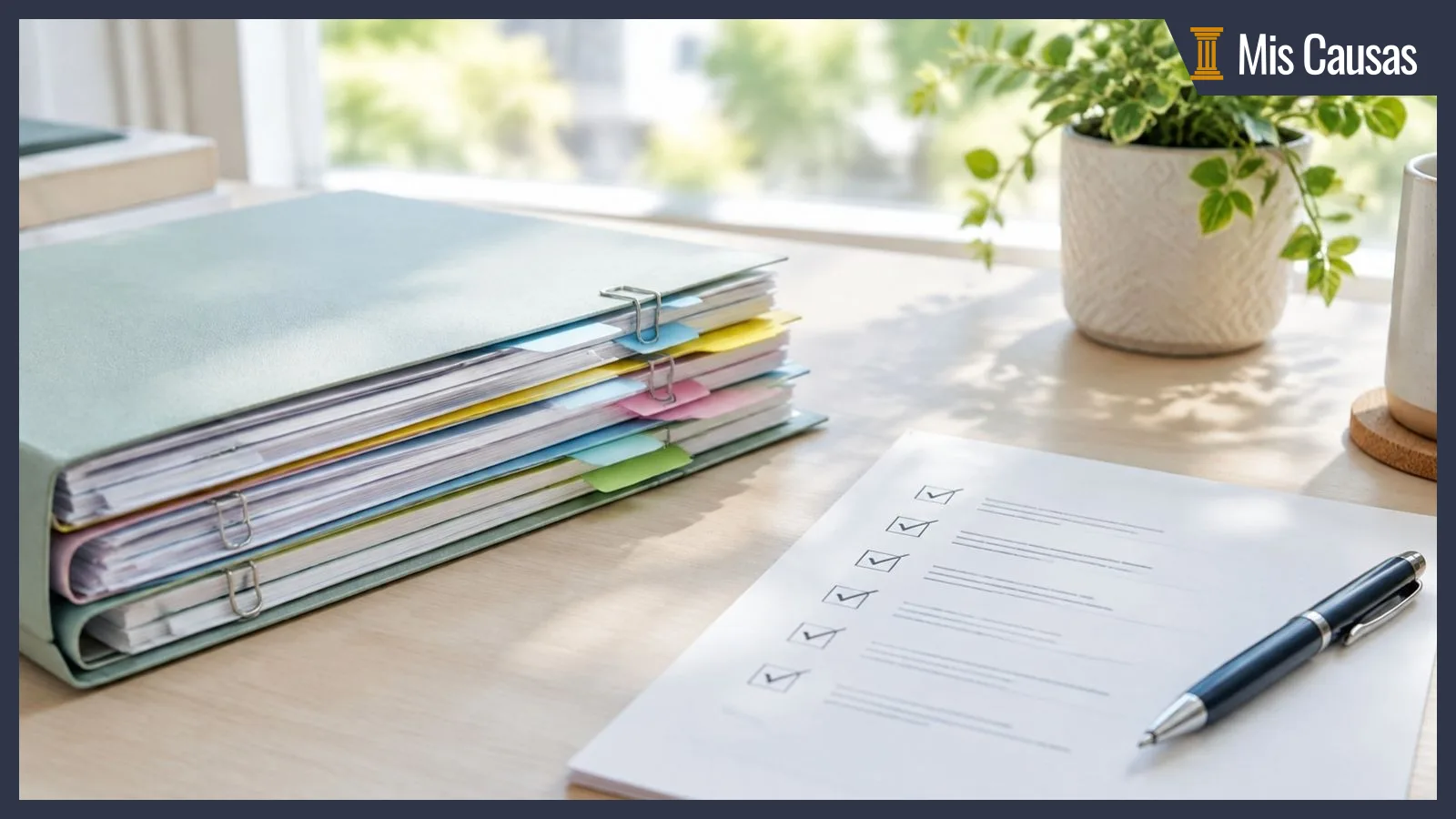 Archivador con documentos ordenados por separadores y una lista de requisitos marcada junto a una ventana