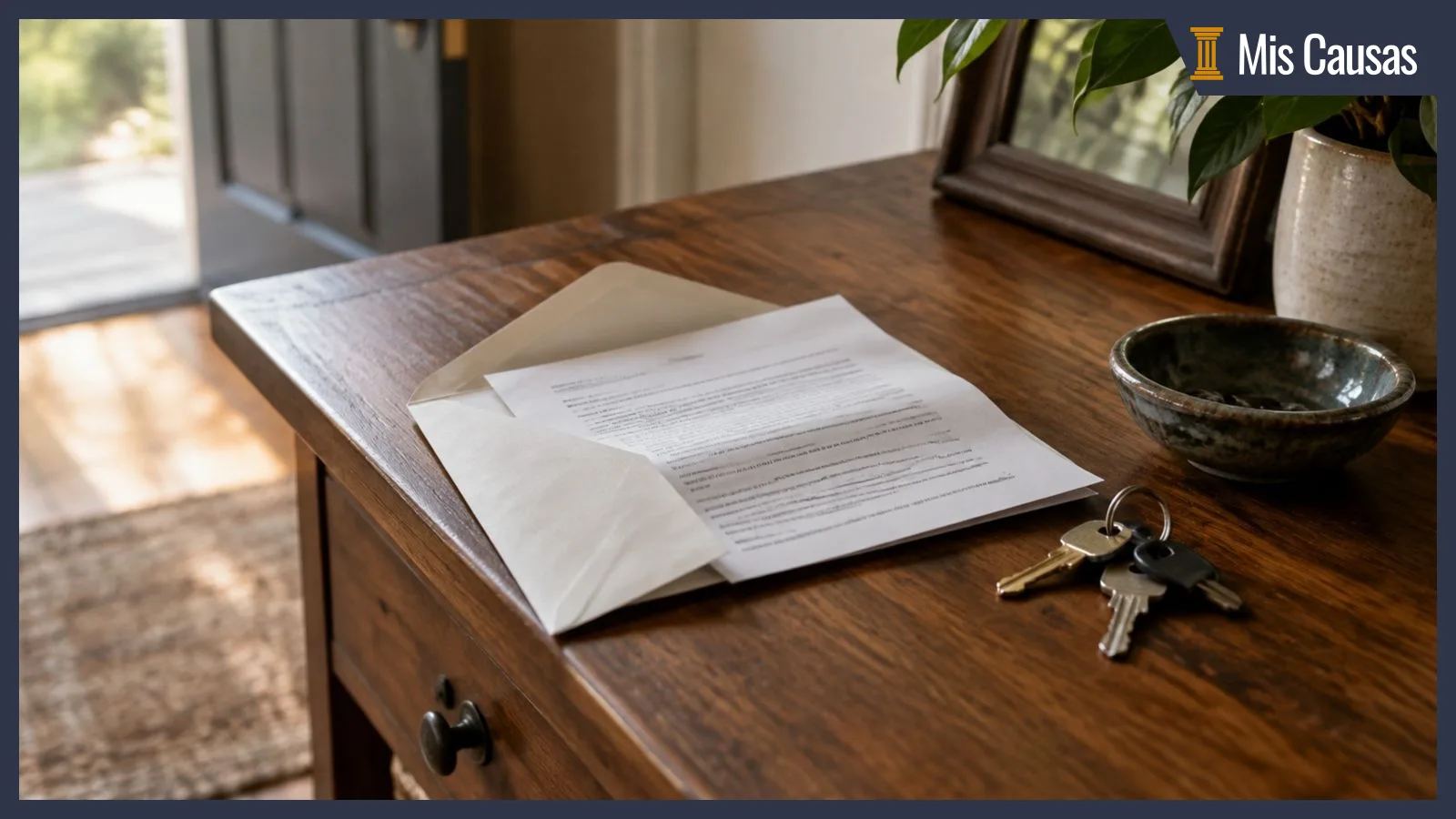 Sobre abierto con una demanda judicial por deuda sobre el mueble de la entrada, junto a las llaves de la casa