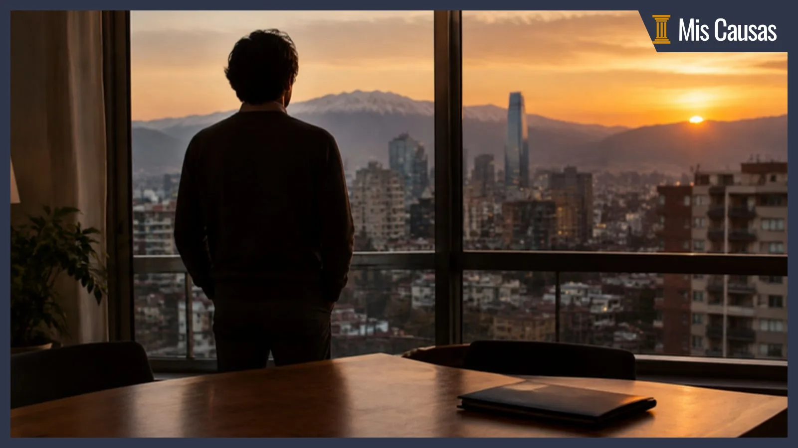 Persona de espaldas frente a la ventana de un departamento en Santiago, mirando la ciudad al atardecer, con una carpeta cerrada sobre la mesa