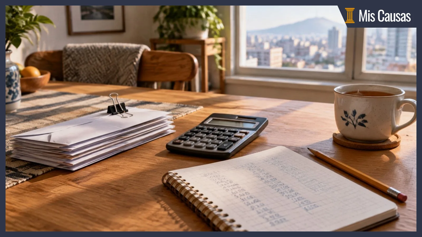 Cuentas sin abrir, una calculadora y un cuaderno con el presupuesto del mes sobre la mesa de la cocina