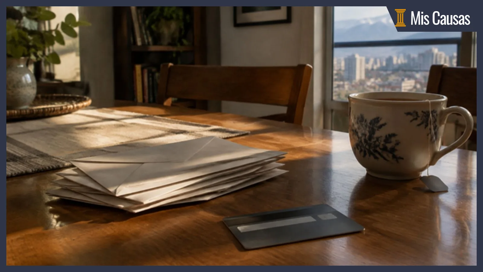 Mesa de comedor con sobres de cartas cerrados apilados, una tarjeta bancaria boca abajo y una taza de té bajo la luz de la ventana