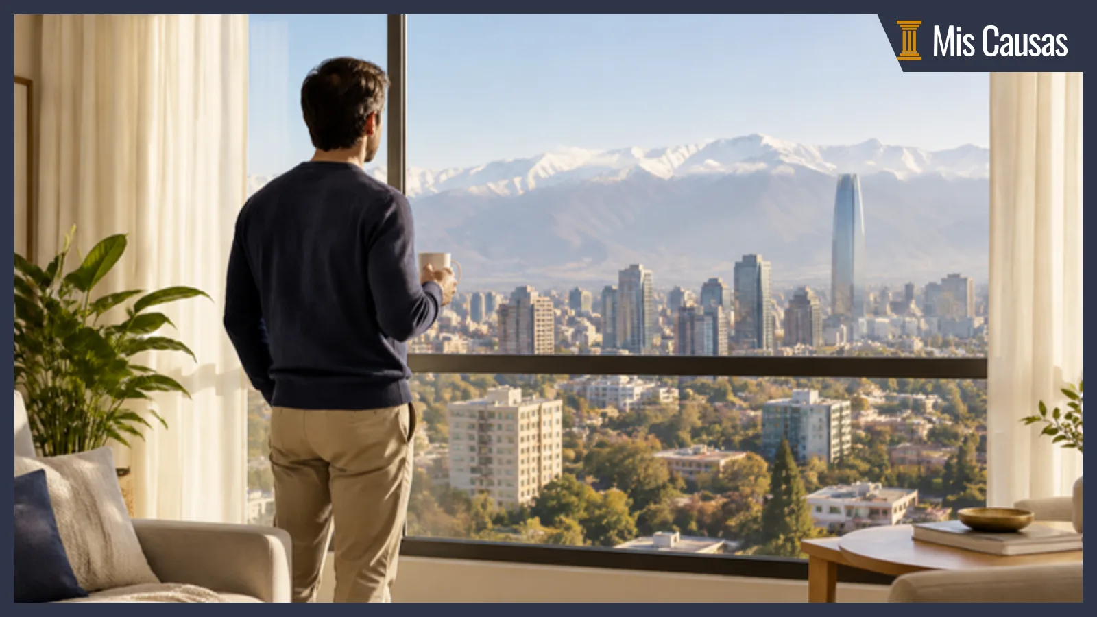 Hombre de espaldas, de pie junto a la ventana de su departamento con una taza en la mano, mira Santiago y la cordillera por la mañana