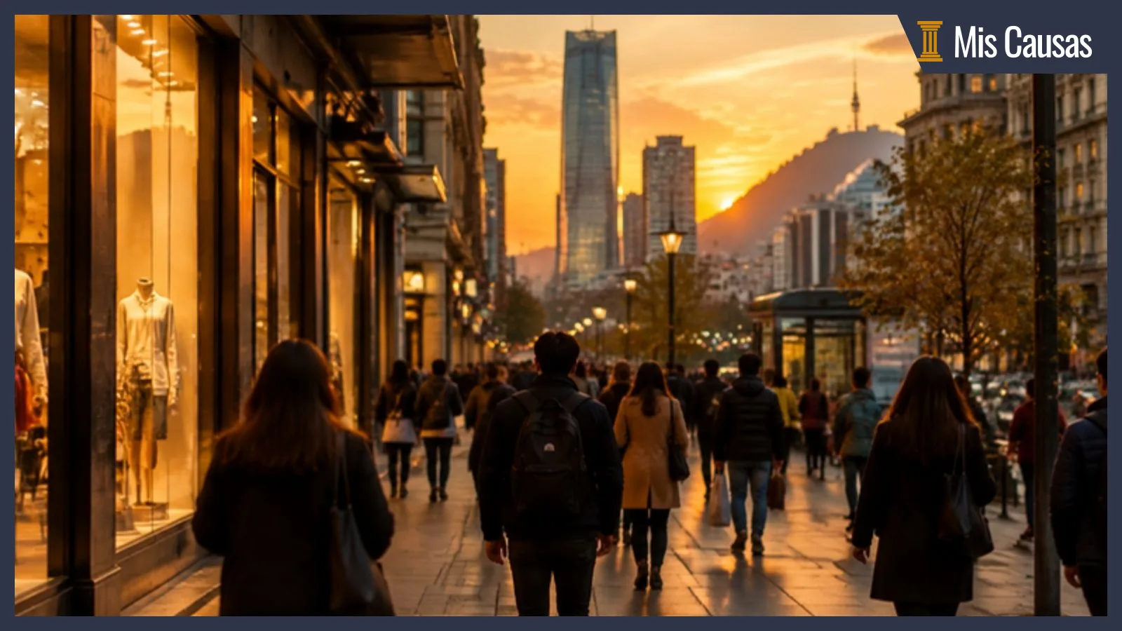 Calle comercial del centro de Santiago al atardecer, con gente caminando de espaldas, vitrinas encendidas y los edificios al fondo