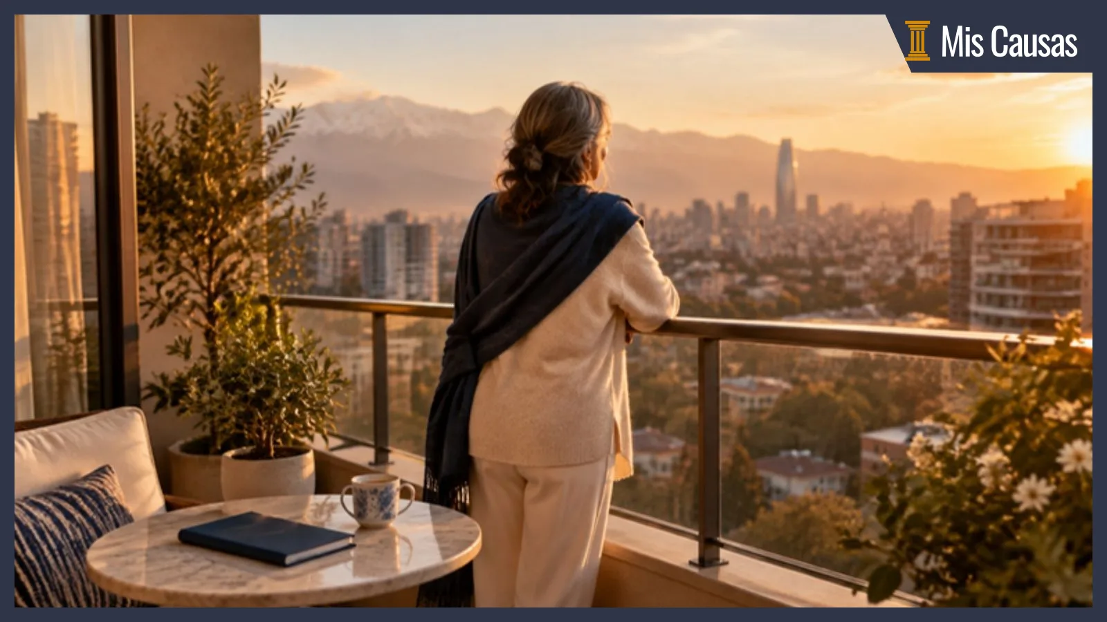 Mujer de espaldas en el balcón de su departamento mira la ciudad al atardecer, junto a una mesita con un cuaderno y una taza